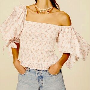 Caroline Constas blush and Off White Puff Sleeve Off Shoulder Floral Smock Top/M